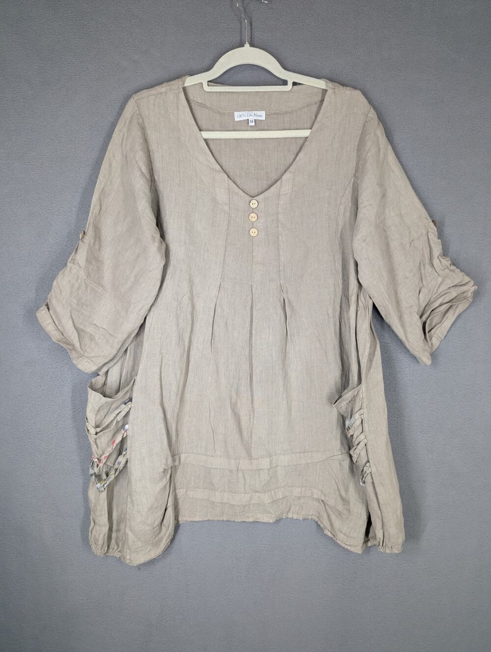 100% Lin Blanc Lagenlook Linen Tunic 3/4 roll-tab sleeves Handkerchief Hemline
